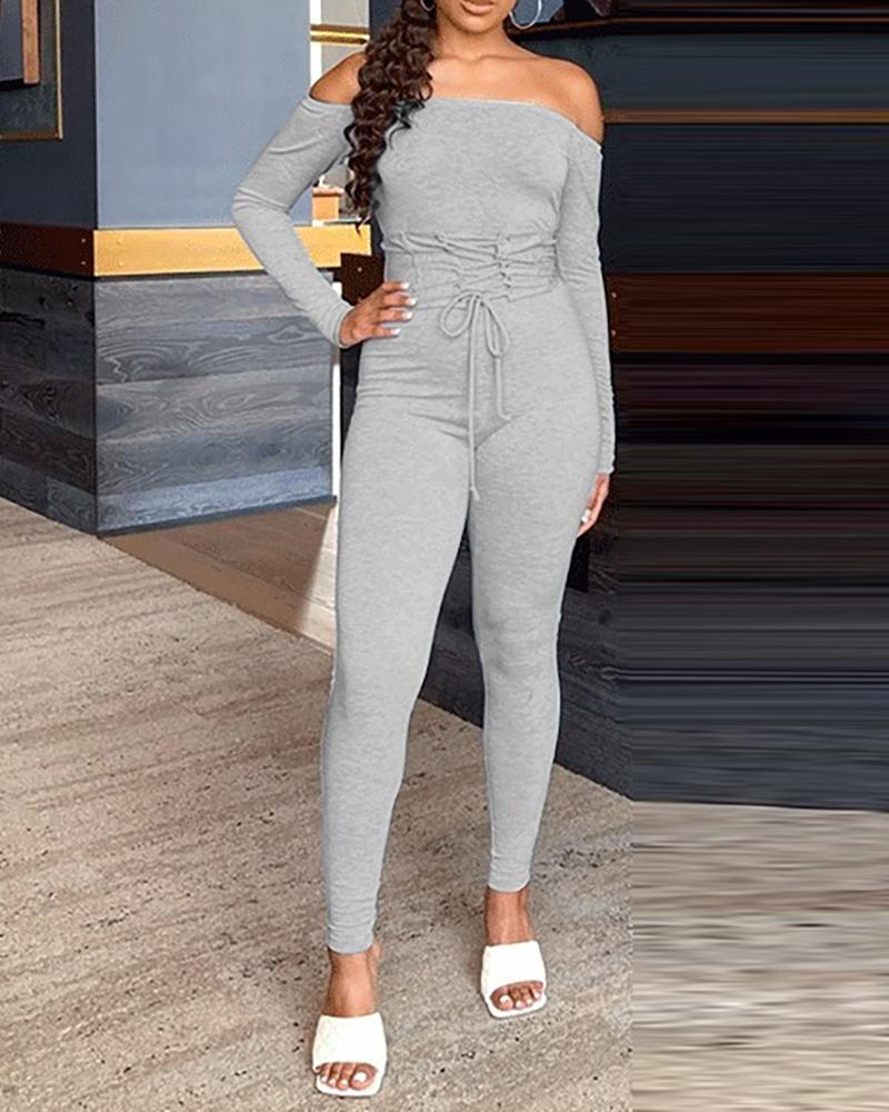 

Lace-up Off Shoulder Jumpsuit, Gray