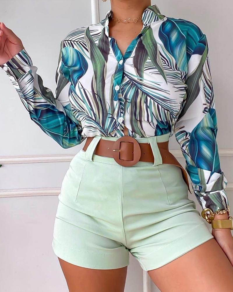 

Plants Print Long Sleeve Button Down Shirt & Shorts Set, Green