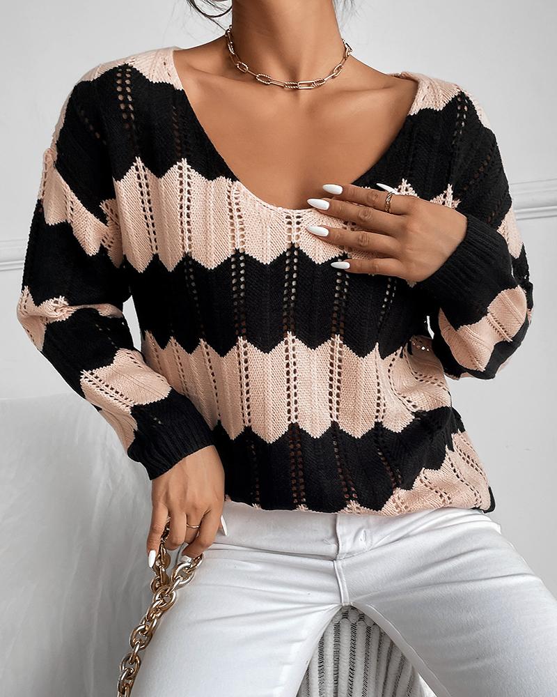 

Colorblock Long Sleeve Hollow Out Knit Sweater, Pink