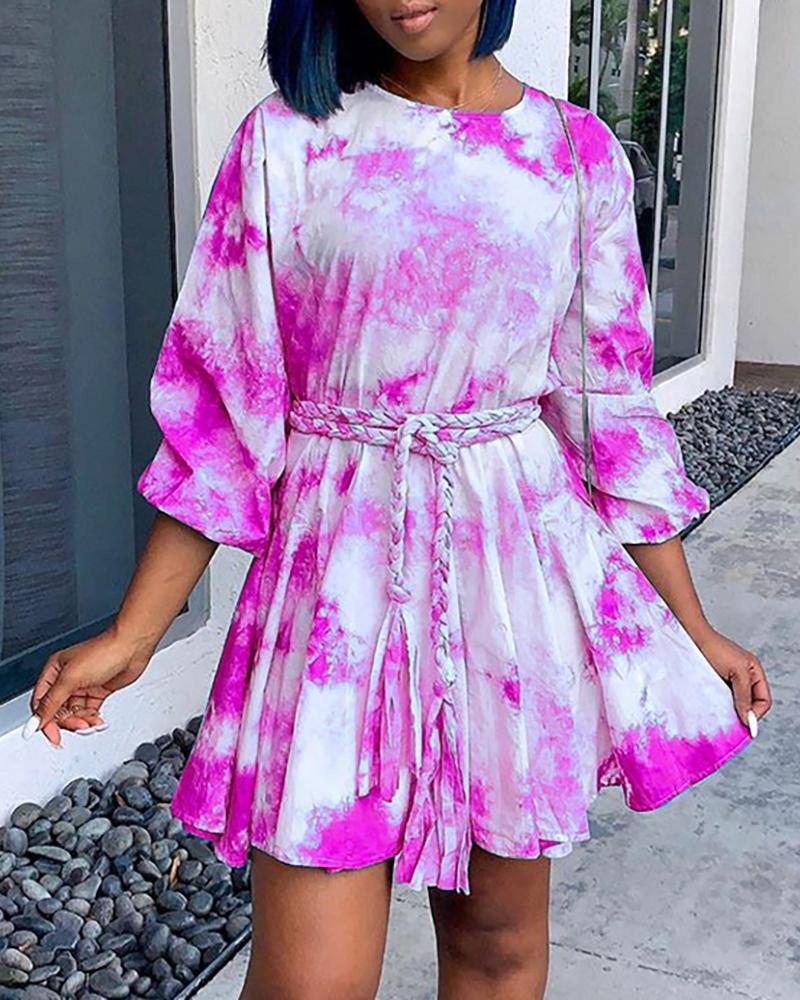 

Tie Dye Long Sleeve Knotted Pleated Dress, Hot pink