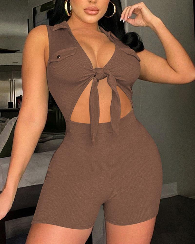 

Tied Detail Cutout Front Ribbed Sleeveless Romper, Coffee