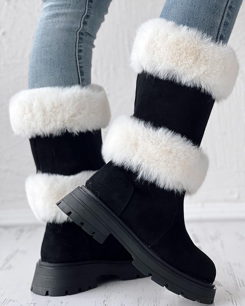

Contrast Paneled Fuzzy Detail Calf Snow Boots, Black