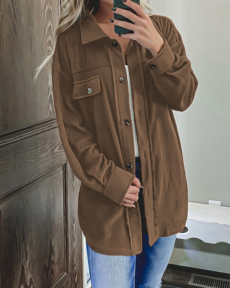 

Long Sleeve Flap Detail Button Down Shacket, Brown