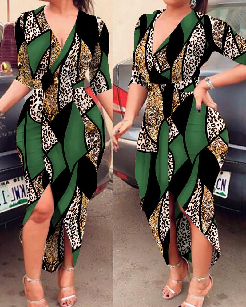 

Baroque Leopard Print Slit Midi Dress, Green