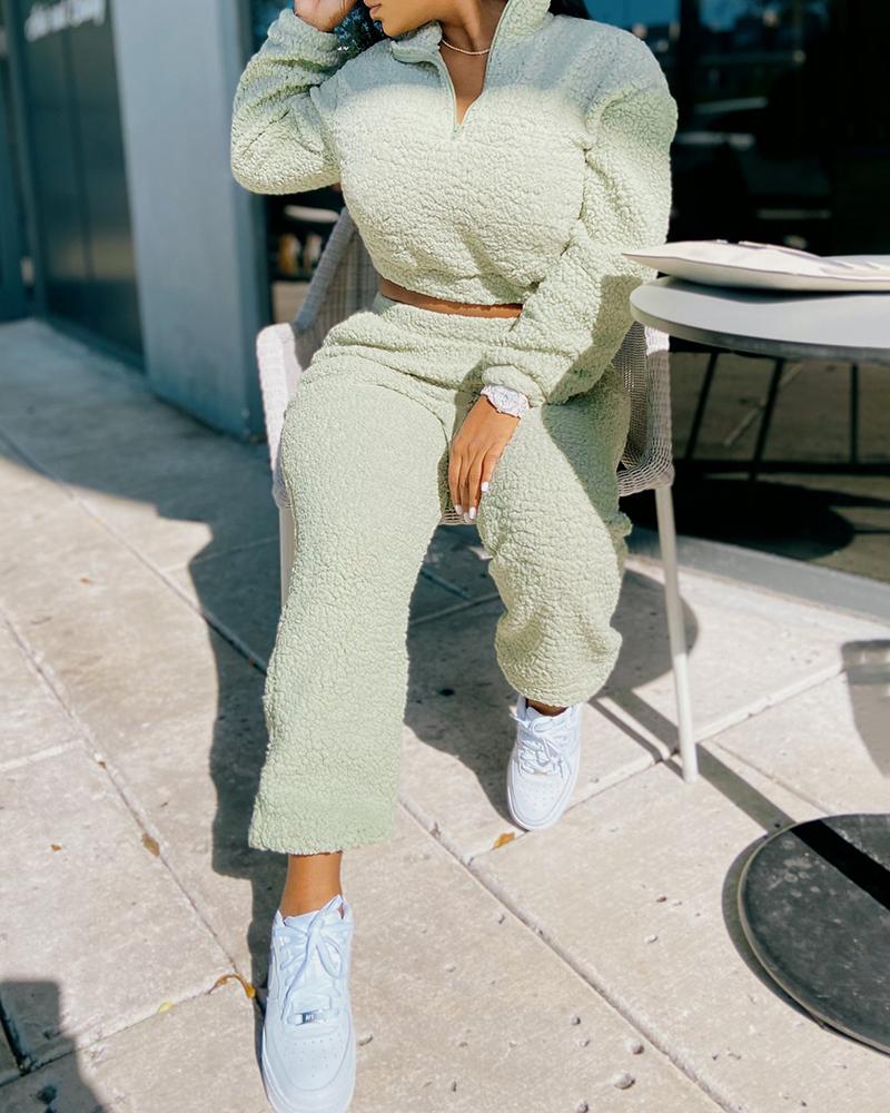 

Fluffy Zipper Design Long Sleeve Top & High Waist Pants Set, Green