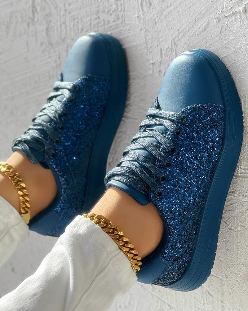 

Contrast Sequin Lace-up Round Toe Sneakers, Blue