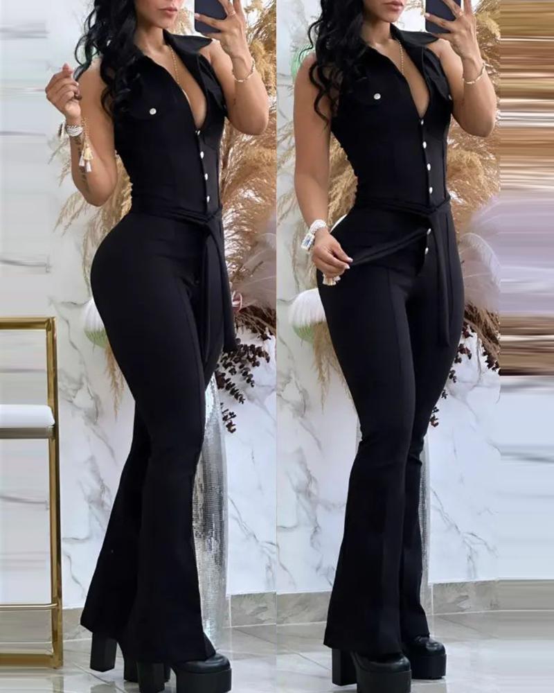 

Turn Down Collar Sleeveless Flared Jumpsuit, Black