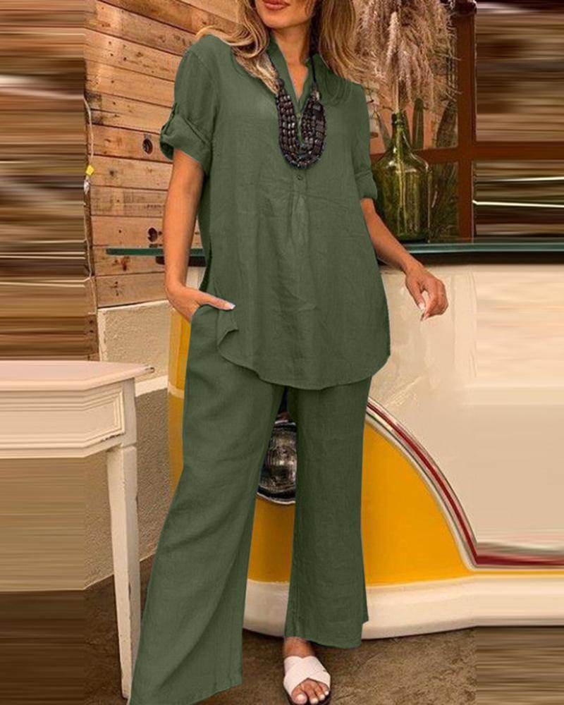 

Roll Up Sleeve Buttoned Slit Top & Wide Leg Pants Set, Green