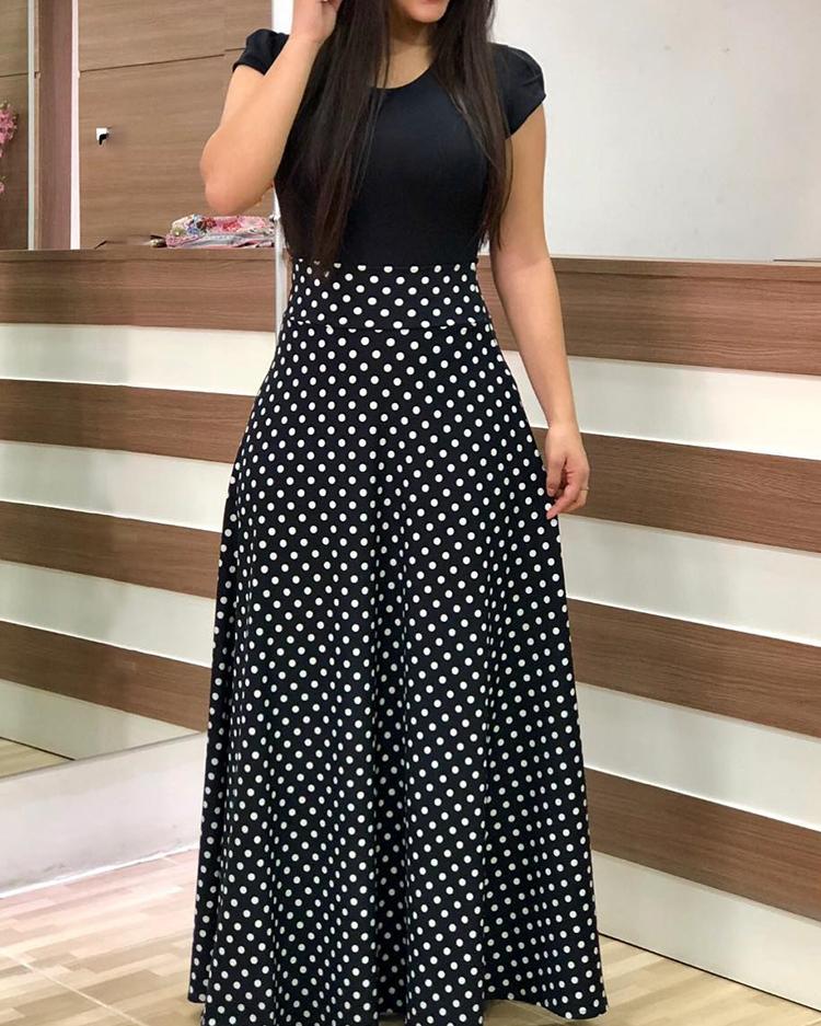 

Short Sleeve Polka Dots Print Patchwork Maxi Dress, Black