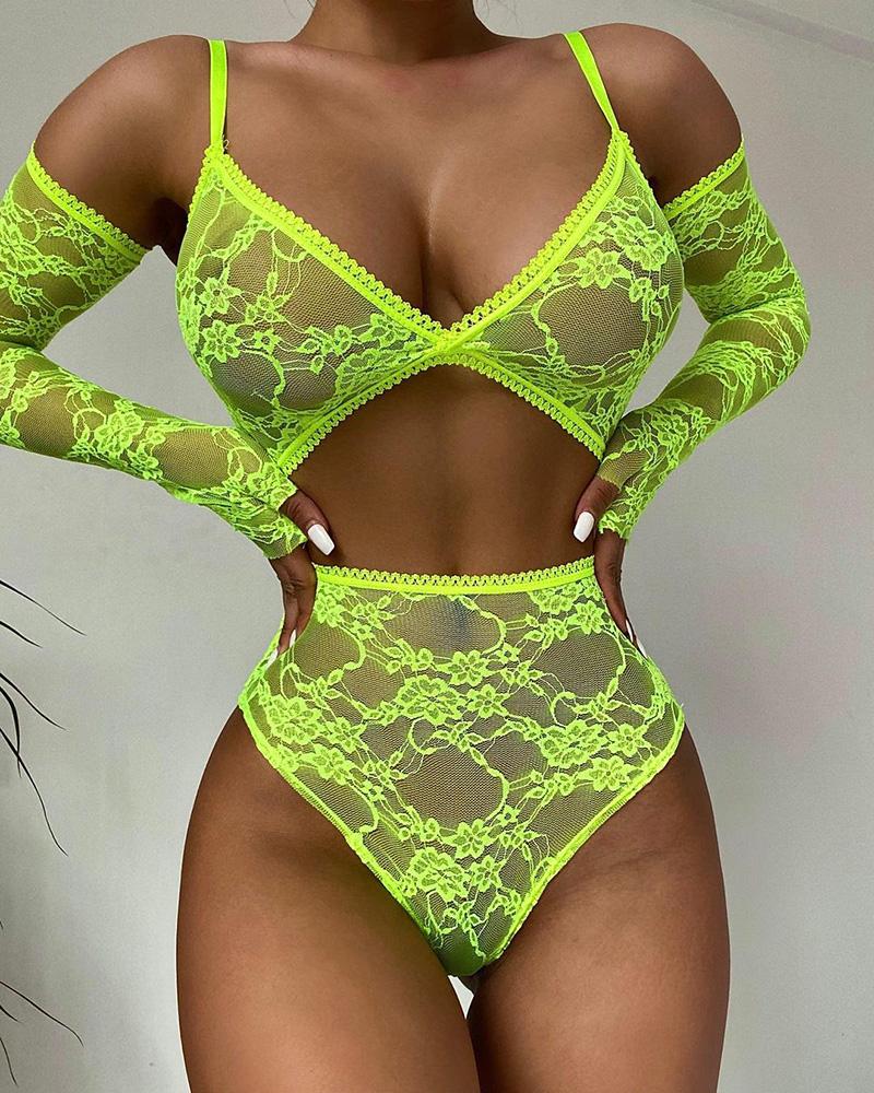 

Crochet Lace Spaghetti Strap Lingerie Set With Gloves, Yellow