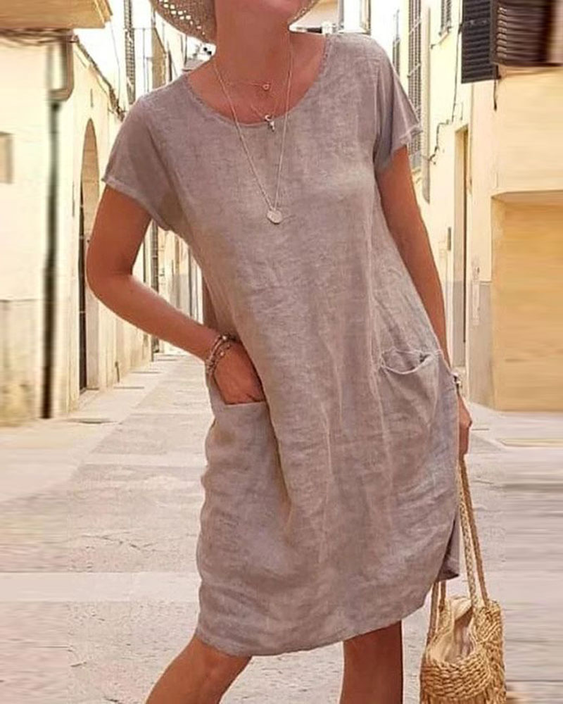 

Pocket Detail Short Sleeve Casual Dress, Khaki