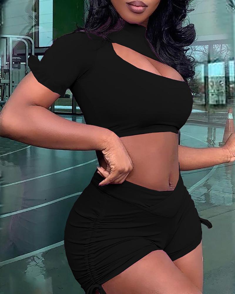

Cutout Ruffles Crop Top & Ruched Drawstring Shorts Set, Black