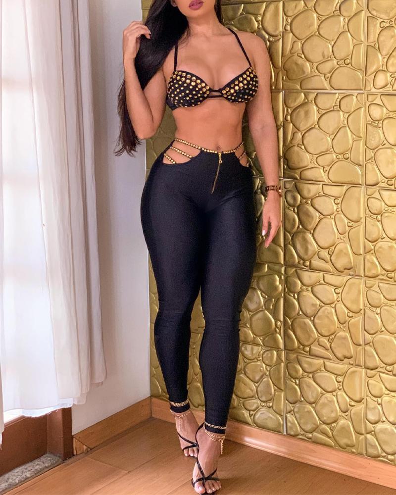 

Rhinestone Decor Crop Top & Cutout Skinny Pants Set, Black