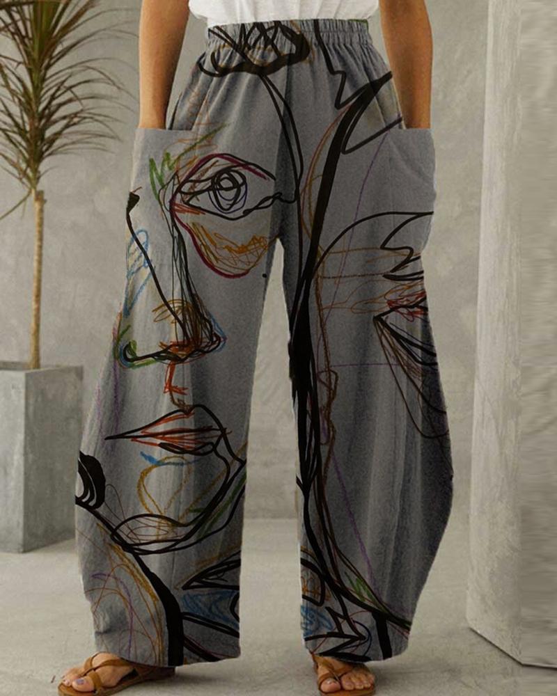 

Plus Size Figure Print High Waist Pants, Gray