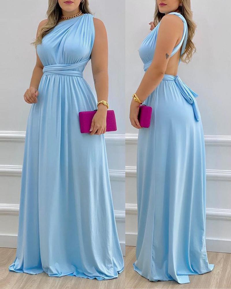 

One Shoulder Tied Detail Backless Prom Dress, Lighted blue