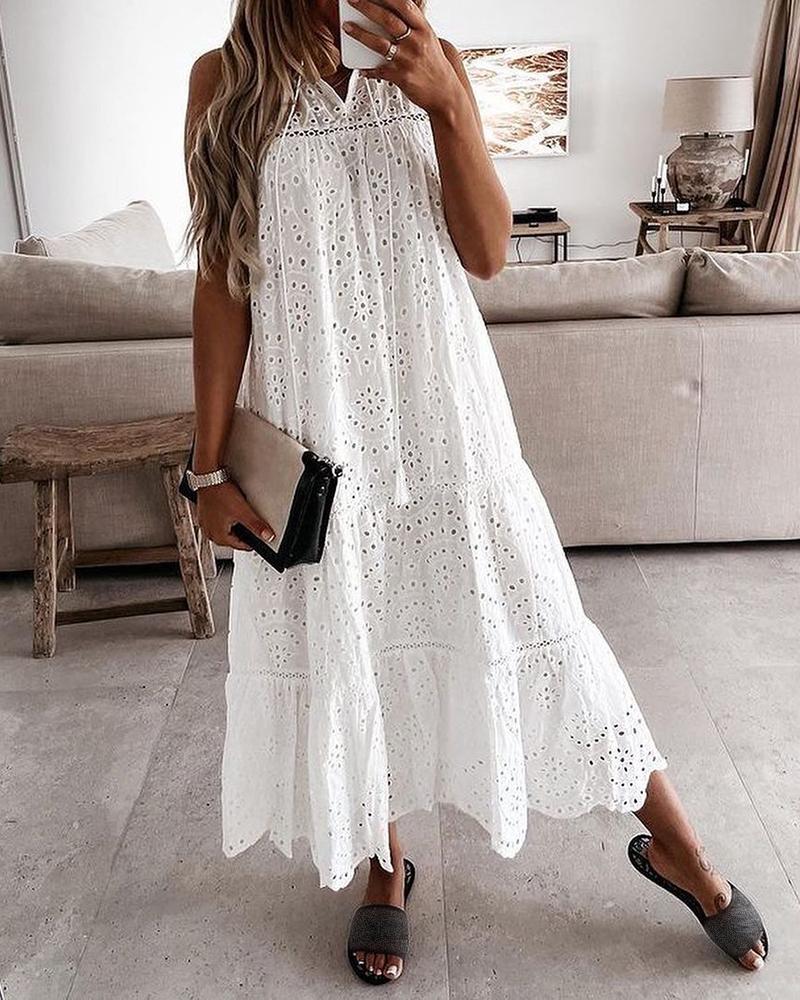 

Eyelet Embroidery Ruffle Hem Casual Dress, White