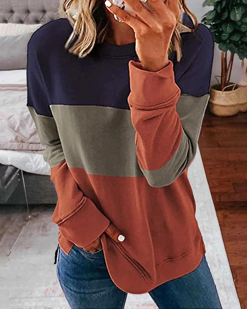 

Colorblock Long Sleeve Casual Top, Orange