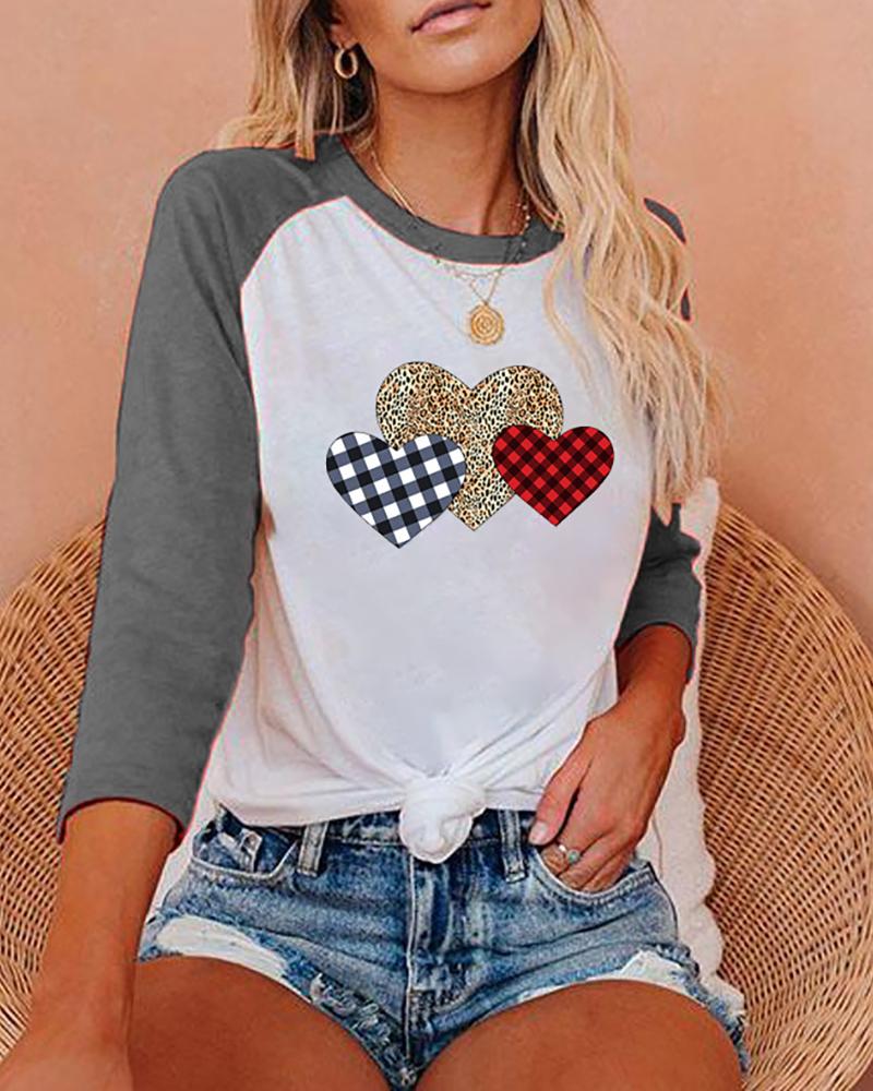 

Heart Plaid Cheetah Print Colorblock Top, Gray