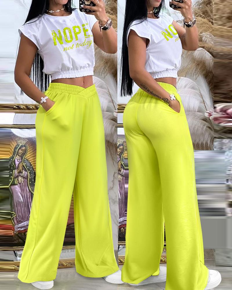 

Nope Not Today Print Top & Overlap Waist Wide Leg Pants Set, Lvs green