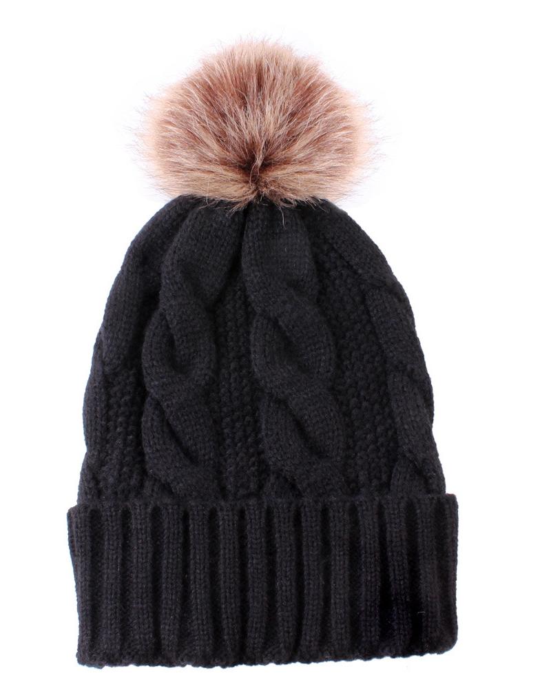 

1pc Pom Pom Decor Cable Knit Warm Fleece Lined Beanie, Black