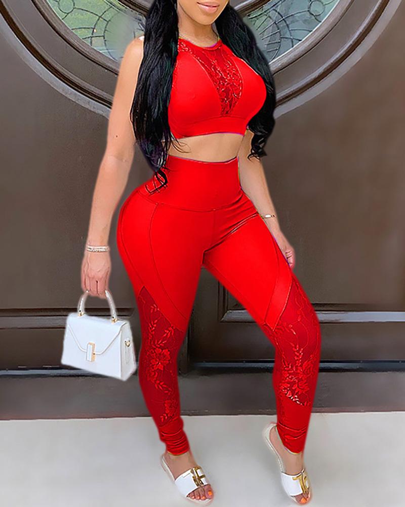 

Crochet Lace Crop Top & High Waisted Pants Set, Red