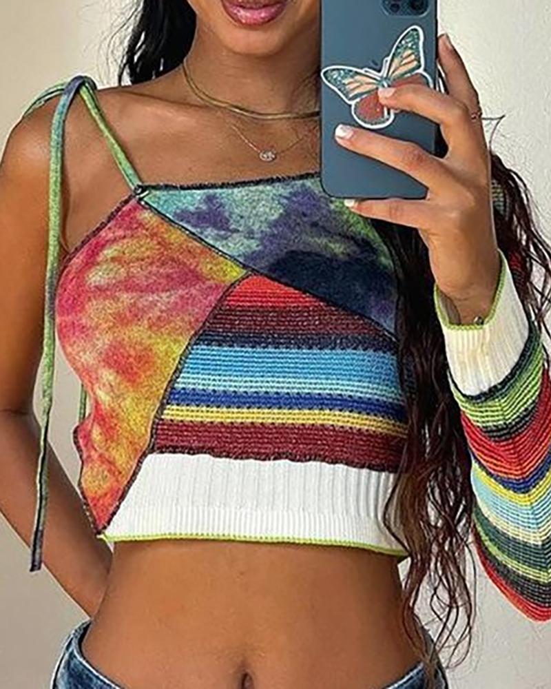 

Striped Tie Dye Print Colorblock Knit Crop Top, Multicolor