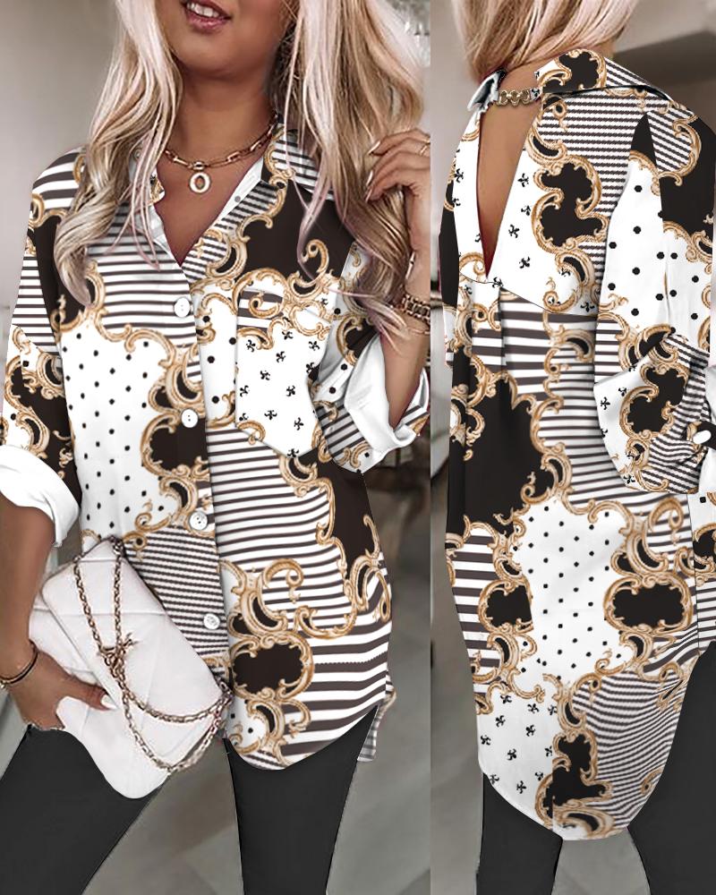 

Retro Print Chain Link V-Back Buttoned Casual Shirt, Multicolor