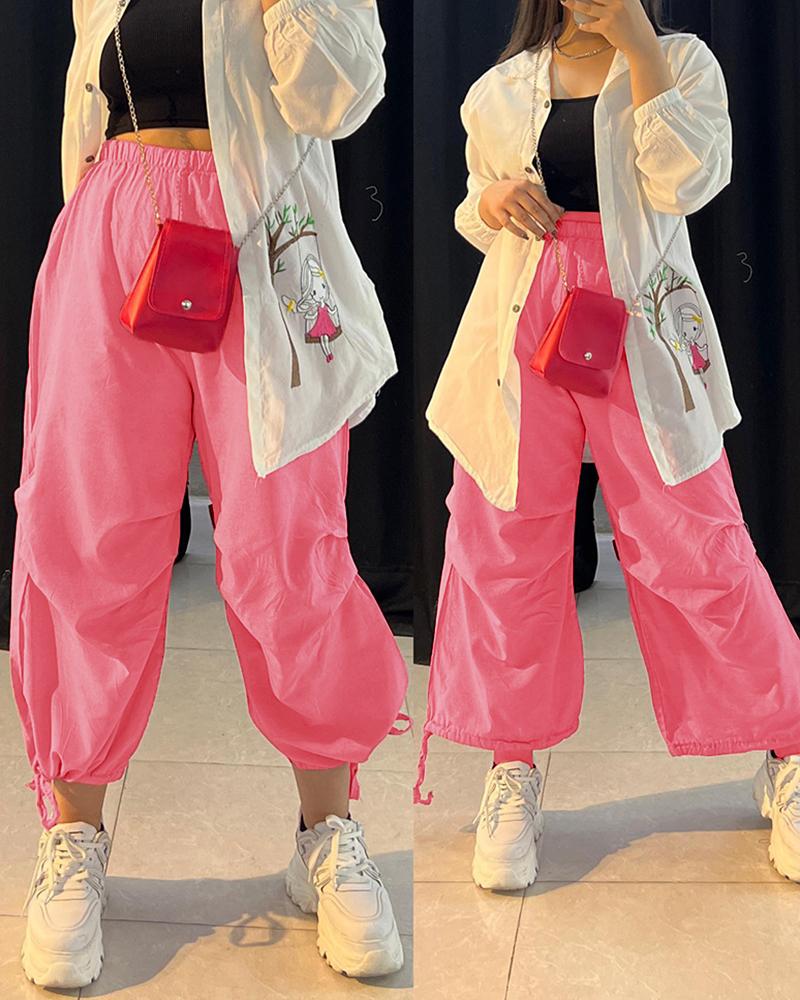 

High Waist Drawstring Cuffed Pants, Pink