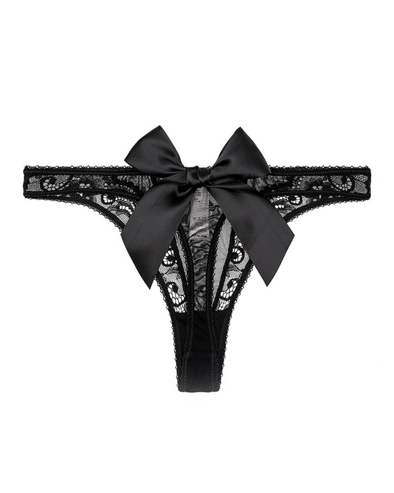 

Bowknot Decor Breathable Lace Thong Panty, Black