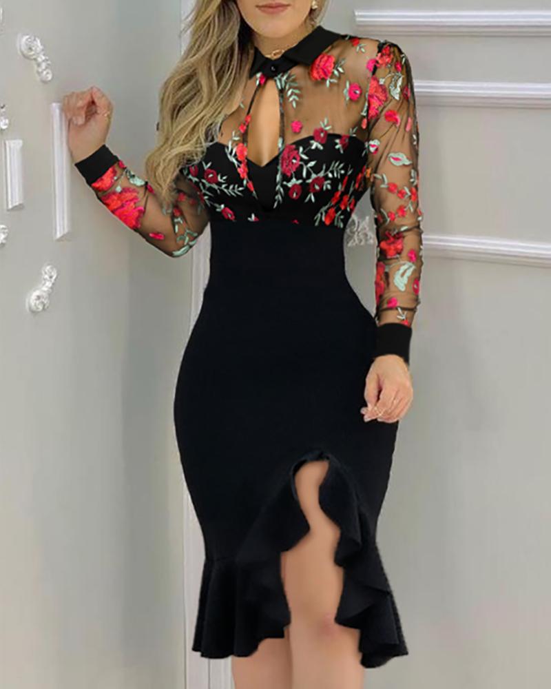 

Vestido de festa bordado floral transparente com fenda em malha com babados, Black