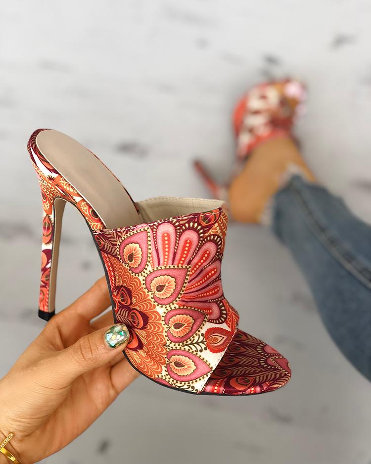 

Peacock Feather Print Thin Heeled Sandals, Multicolor