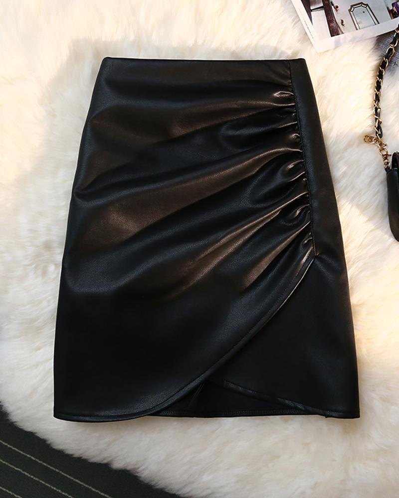 

Ruched PU Leather Zipper Design Skirt, Black