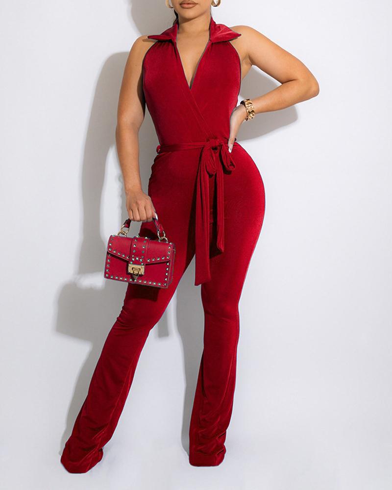 

Halter Backless Overlap Belted Jumpsuit, Red