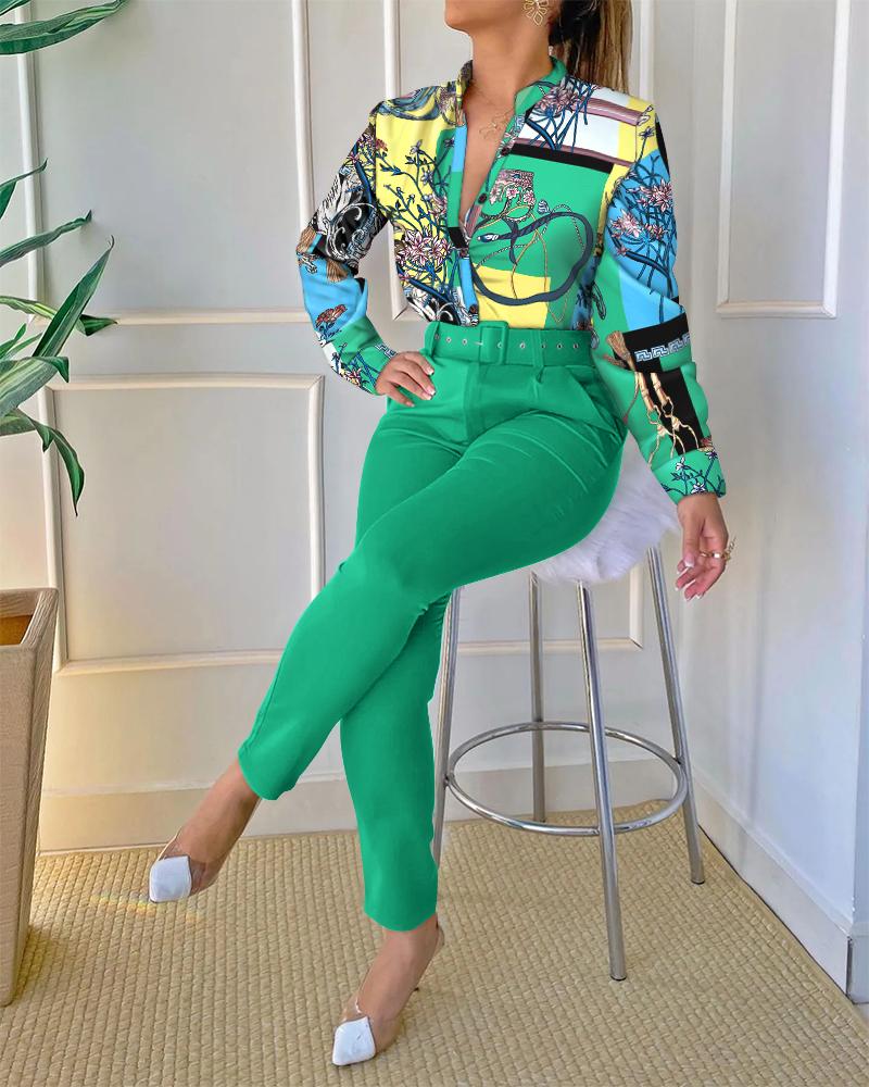 

Scarf Print Long Sleeve Top & Pants Set With Belt, Green
