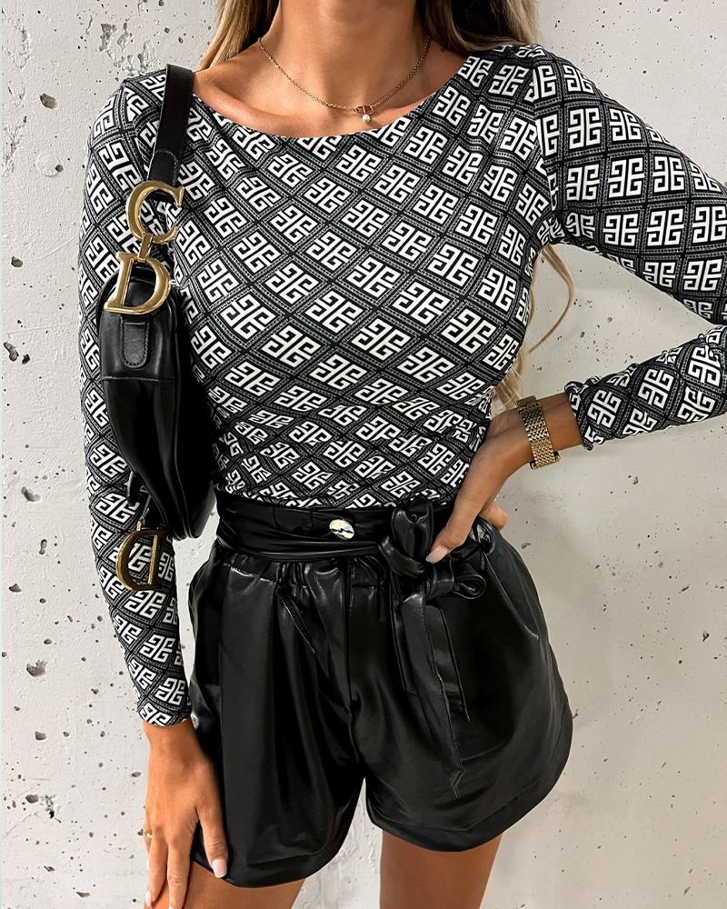 

Geometric Print Long Sleeve Top, Black