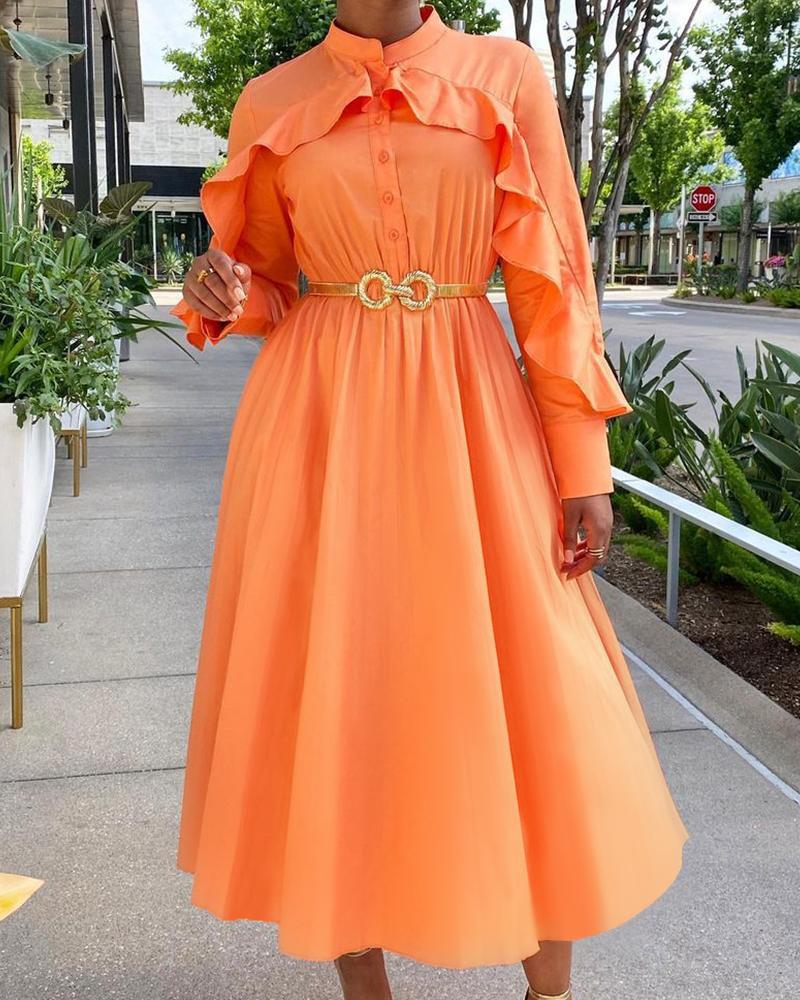 

Ruffle Hem Button Front Long Sleeve Casual Dress, Orange