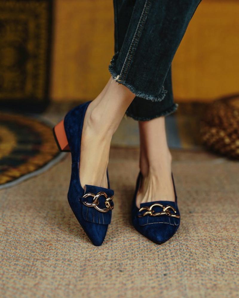 

Suede Chain Tassel Design Pointed Toe Chunky Heels, Blue