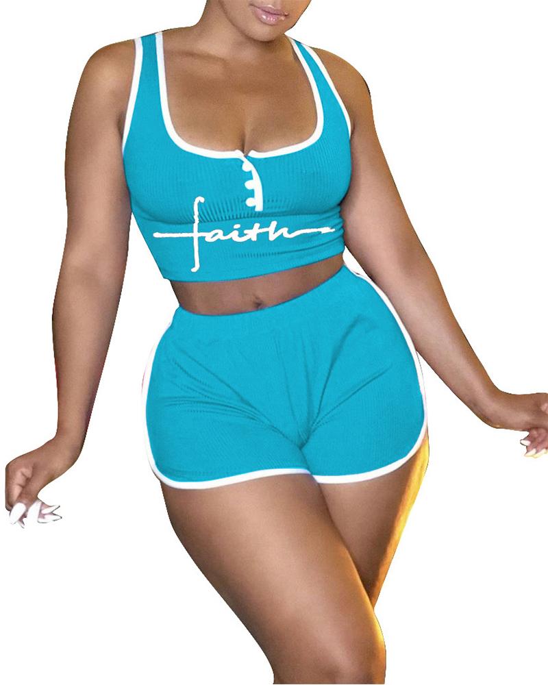

Contrast Binding Letter Print Top & Shorts Set, Blue