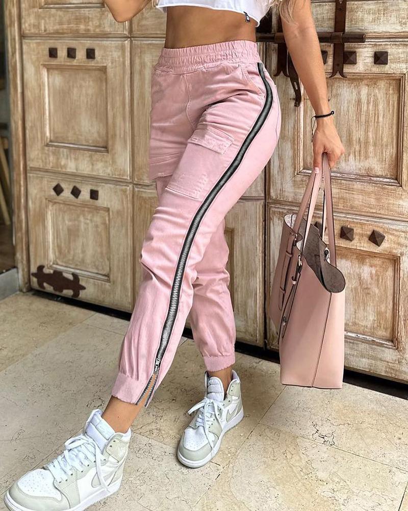 

Side Zipper Pocket Design Cuffed Pants, Pink