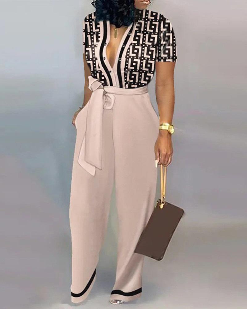 

Geometric Print Tied Detail Wide Leg Jumpsuit, Apricot