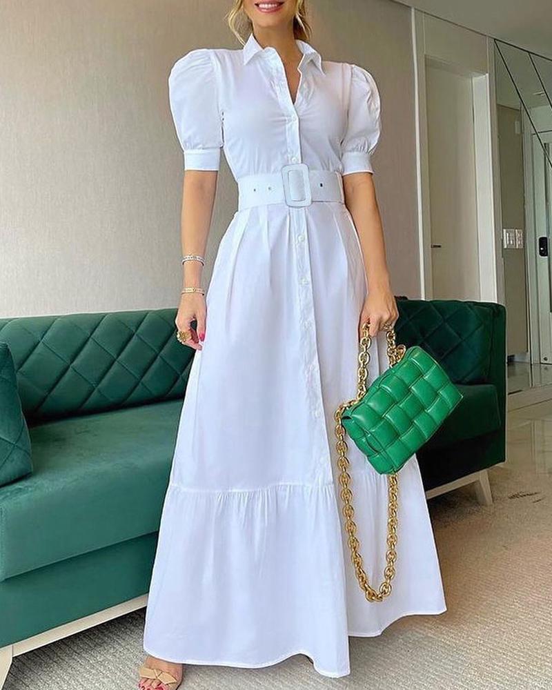 

Women Elegant Plain Puff Sleeve Buttoned Shirt Dress Casual Maxi Dress Vacation Dress, White