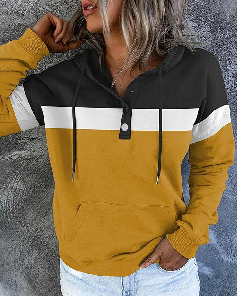 

Striped Print Colorblock Button Pocket Design Hooded Top, Yellow