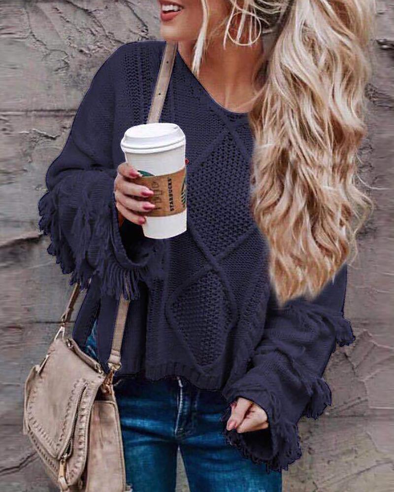 

Plain Tassel Design Long Sleeve Knit Sweater, Dark grey
