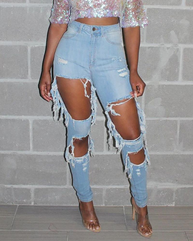 

High Waist Cutout Distressed Jeans, Blue