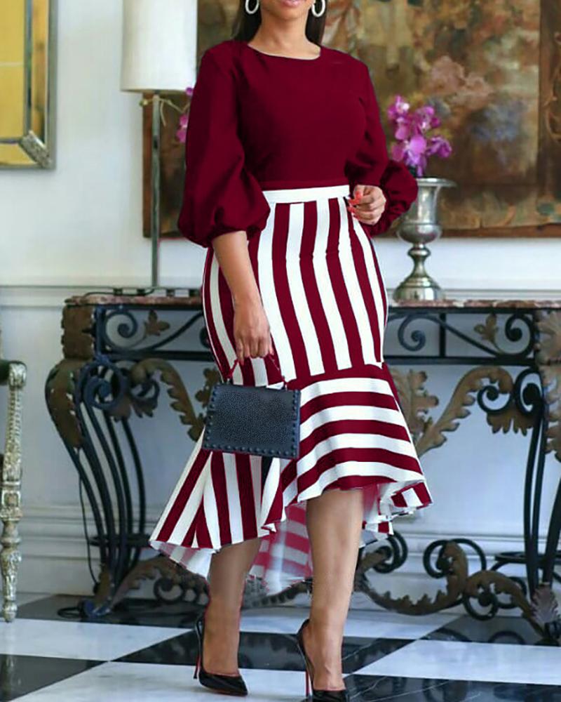 

Lantern Sleeve Striped Print Colorblock Ruffles Dress, Wine red