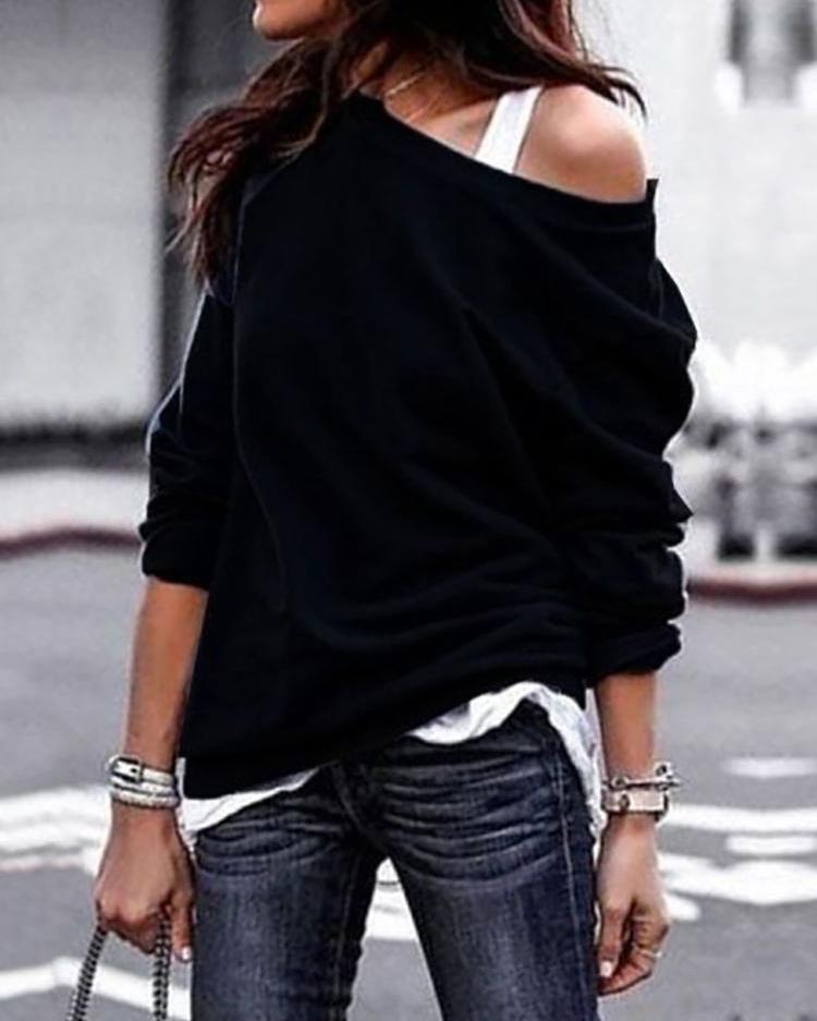 

Solid Skew Neck Long Sleeve Casual T-Shirt, Black