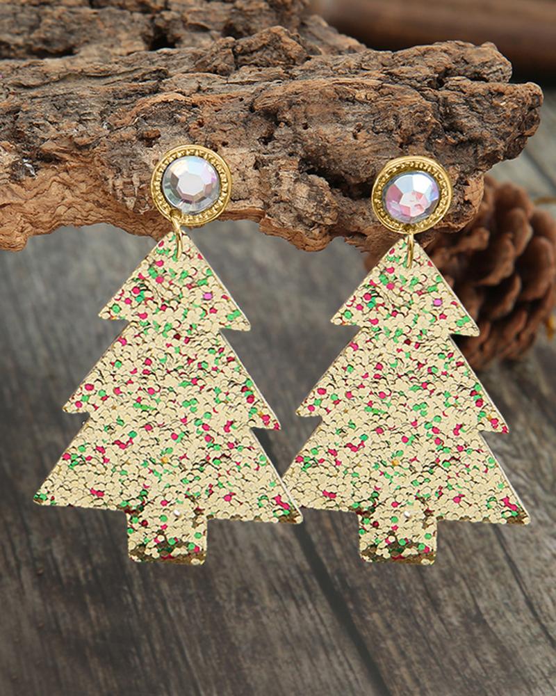 

1Pair Christmas Tree Shaped Rhinestone Sequin Drop Earrings, Gold