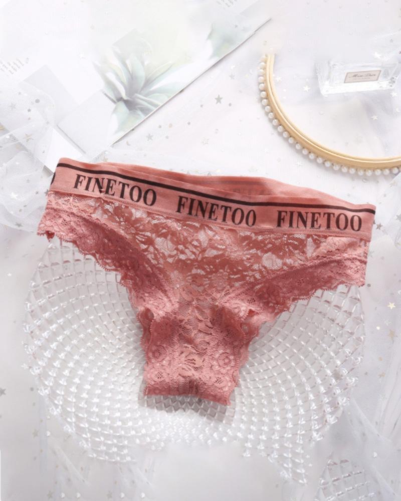 

Letter Print Breathable Floral Lace Panty, Pink