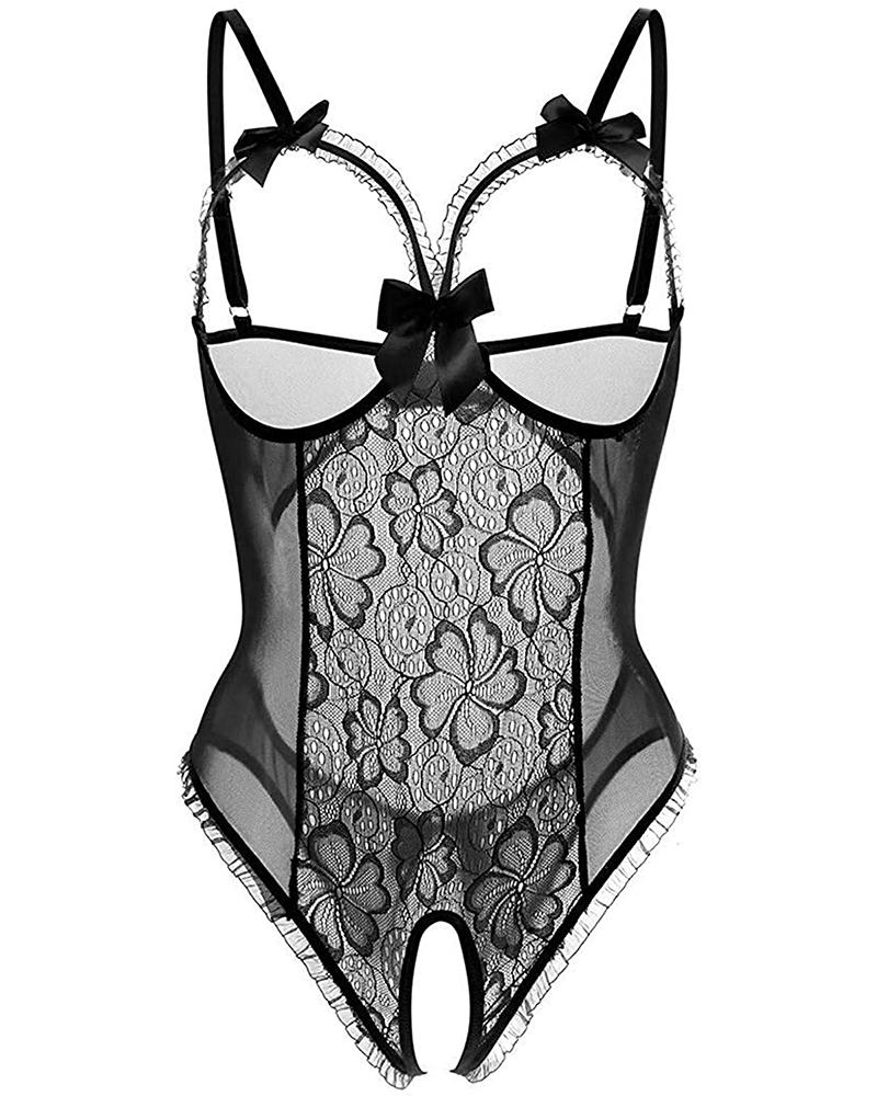 

Bowknot Open Crotch Floral Lace Crotchless Teddies, Black