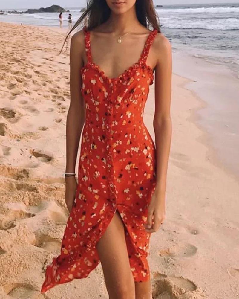 

Floral Ruffle Strap Cami Dress, Red